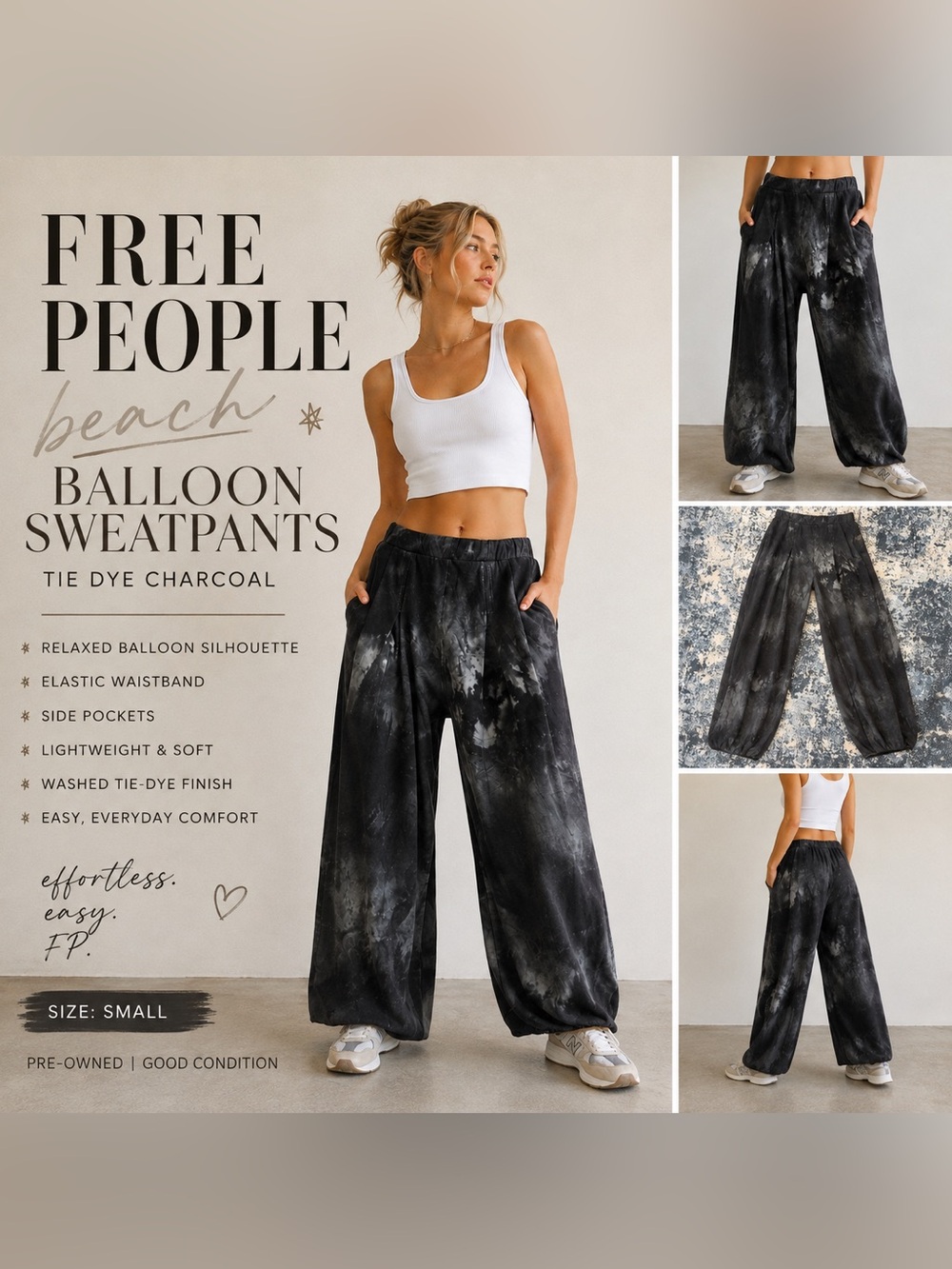 Free People Beach Balloon Sweatpants Tie Dye Black Charcoal Joggers S